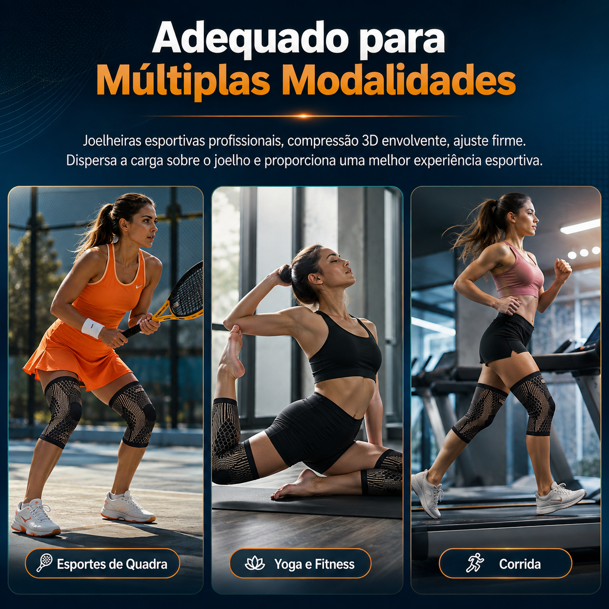 Arte oficial da Flextech mostrando uso em esportes de quadra, yoga e fitness e corrida