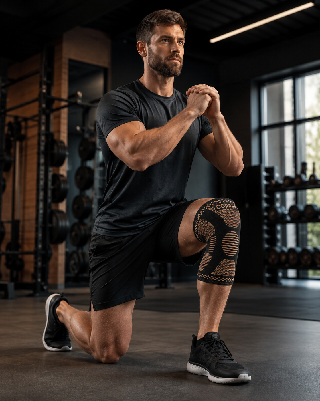 Atleta em uma academia usando a joelheira Flextech