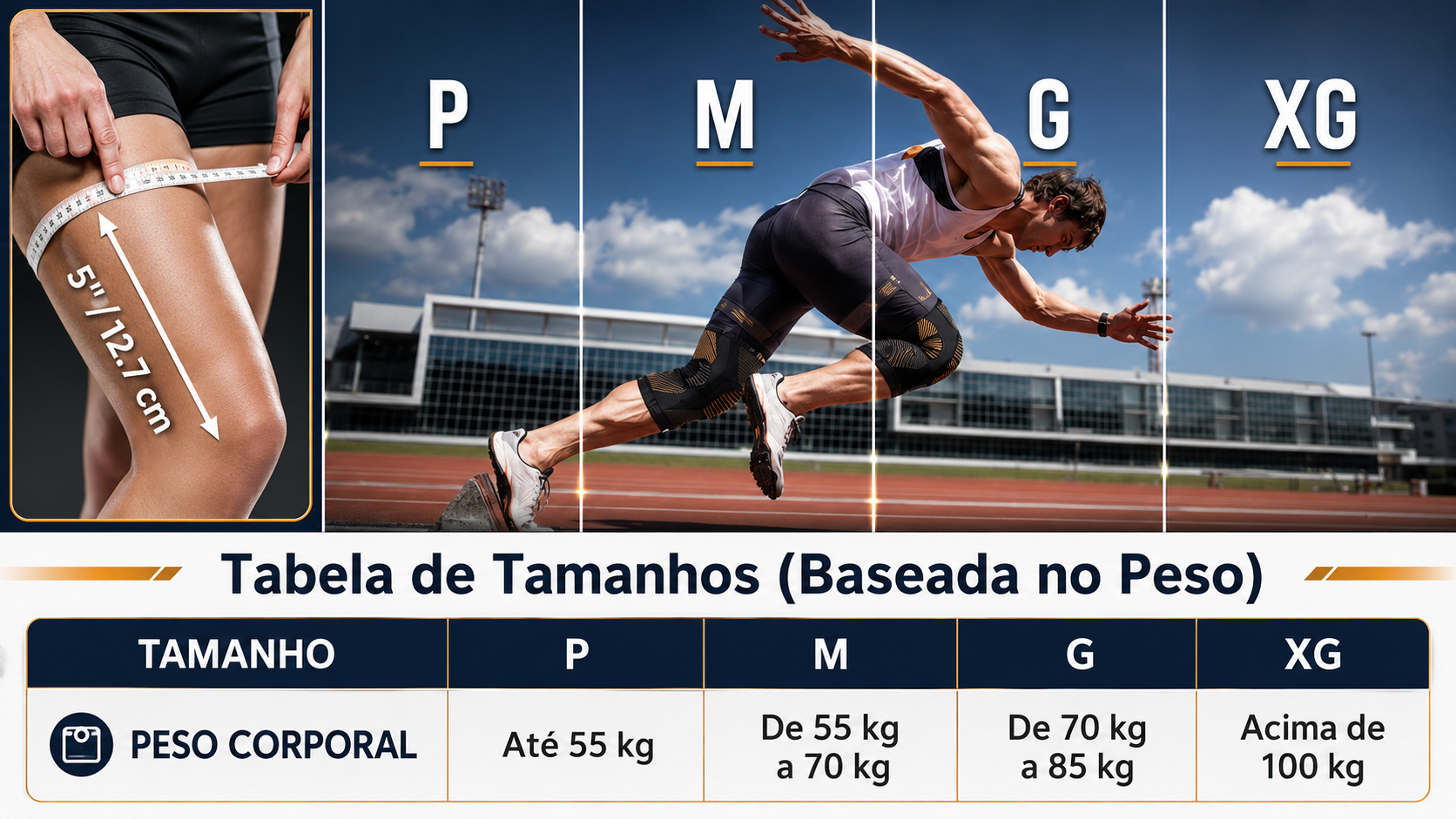 Tabela oficial: P até 55 kg, M de 55 a 70 kg, G de 70 a 85 kg e XG acima de 100 kg